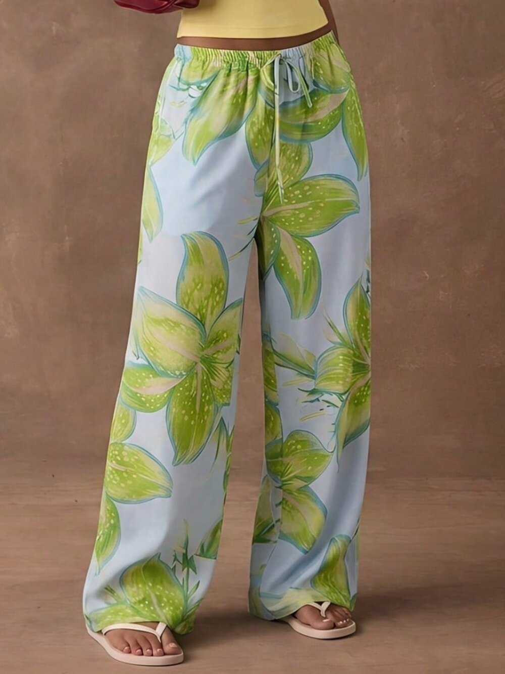 Cantaloupe Yellow Boho Women's Vacation Floral Print Woven Loose Wide Leg - Picture 5 of 7